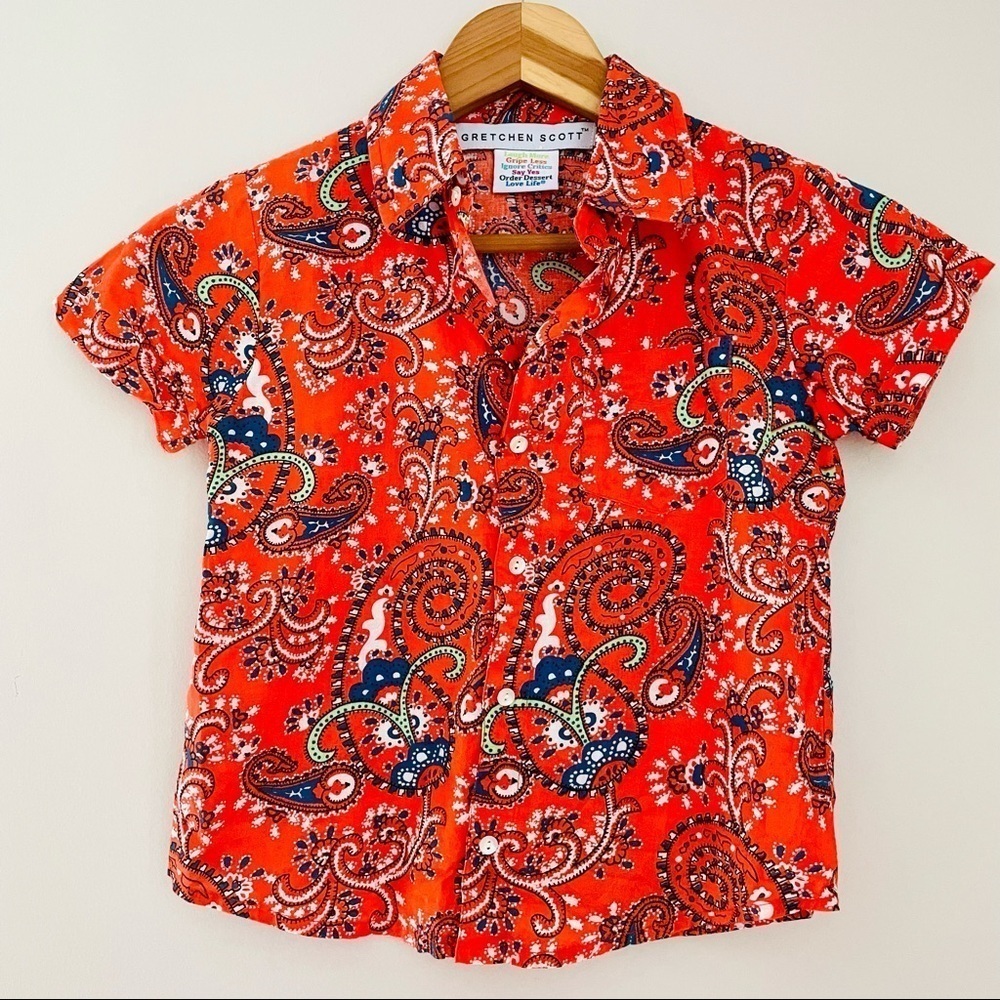 Gretchen Scott Orange Paisley Print Short Sleeve Button Down Boys Shirt Top 6